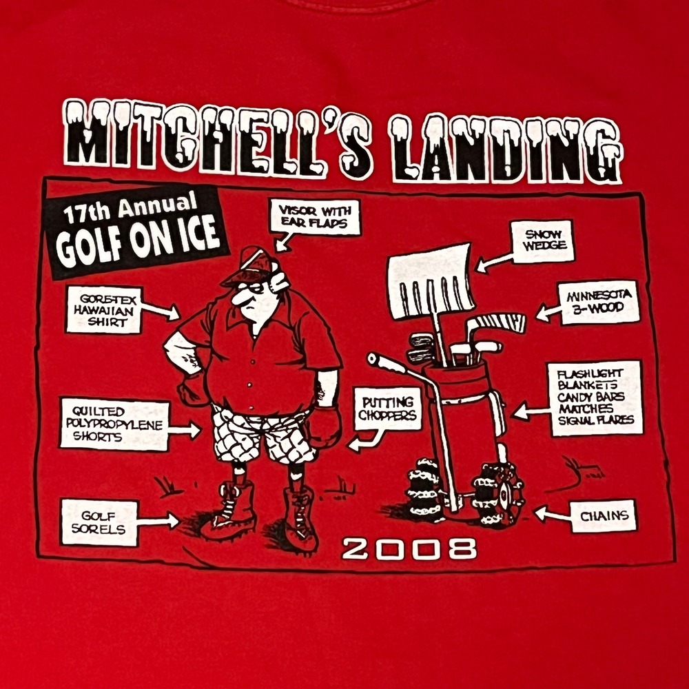 Retro Mitchells Landing Golf On Ice 2008 Funny Graphic T-Shirt Red XL - Picture 4 of 5